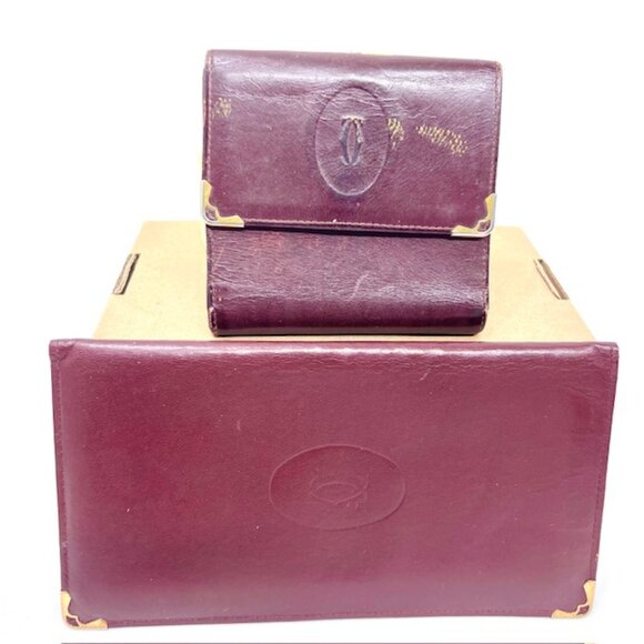 2 Vintage Wallets Cartier Leather Bordeaux red Bygendy: 1 Bi-fold- 1 Tri-fold(72 - Picture 3 of 12